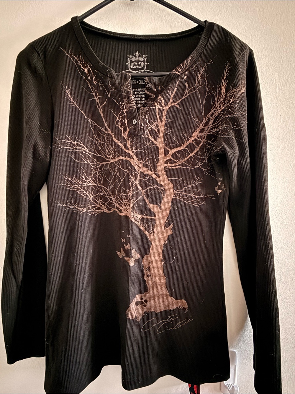 Black Long Sleeve Henley Tee with Beige Tree Graphic